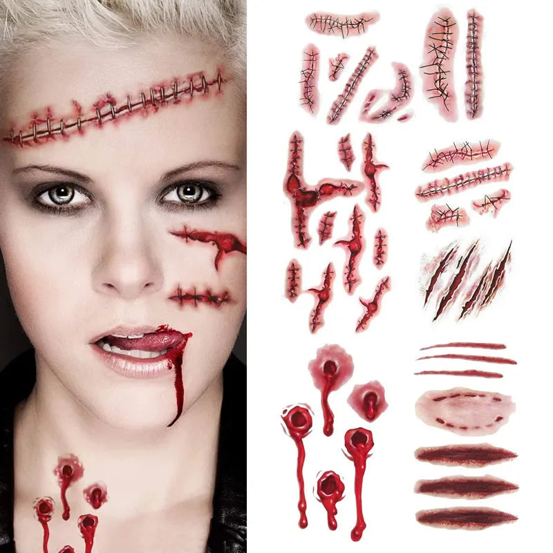 Autocollants de Faux Tatouage Plaie Sanglante Halloween