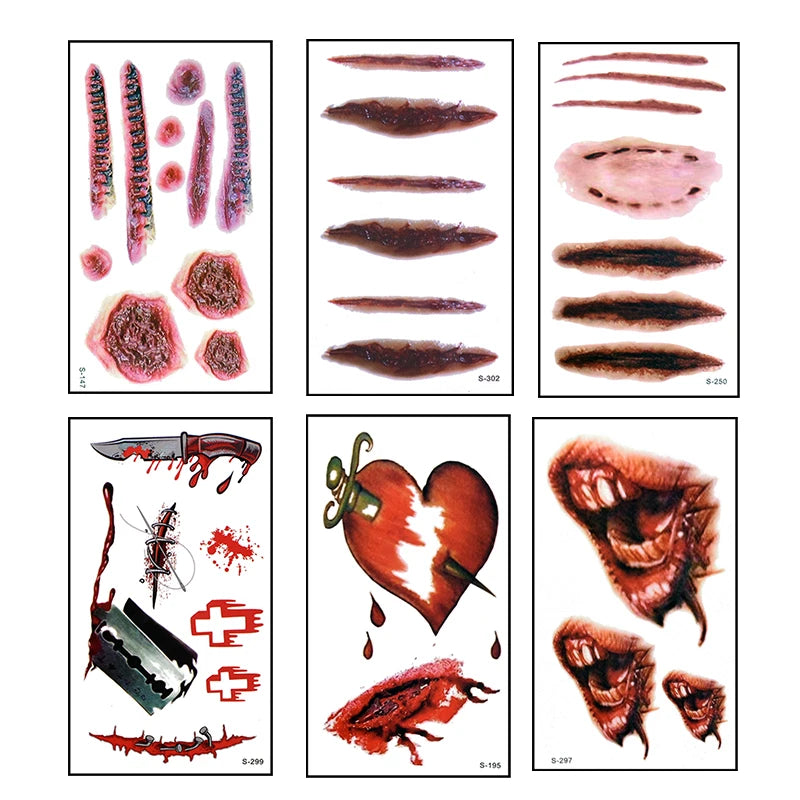 Autocollants de Faux Tatouage Plaie Sanglante Halloween