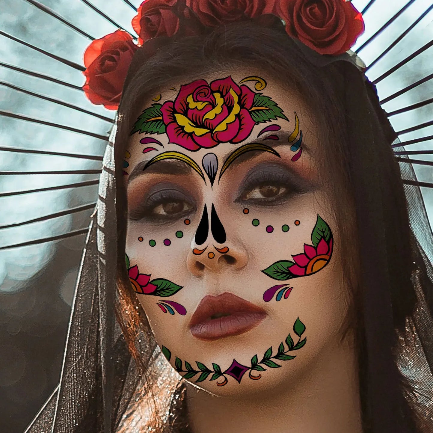 Tatouage temporaire squelette et fleurs pour Halloween